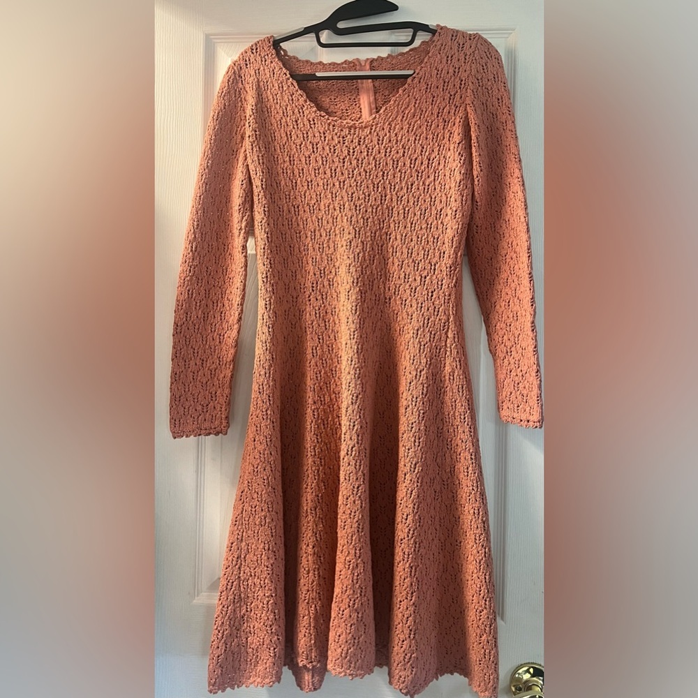 Picardo knits 1980s coral peach Knit Sweater Dress vtg vintage sheath sheer 70s
